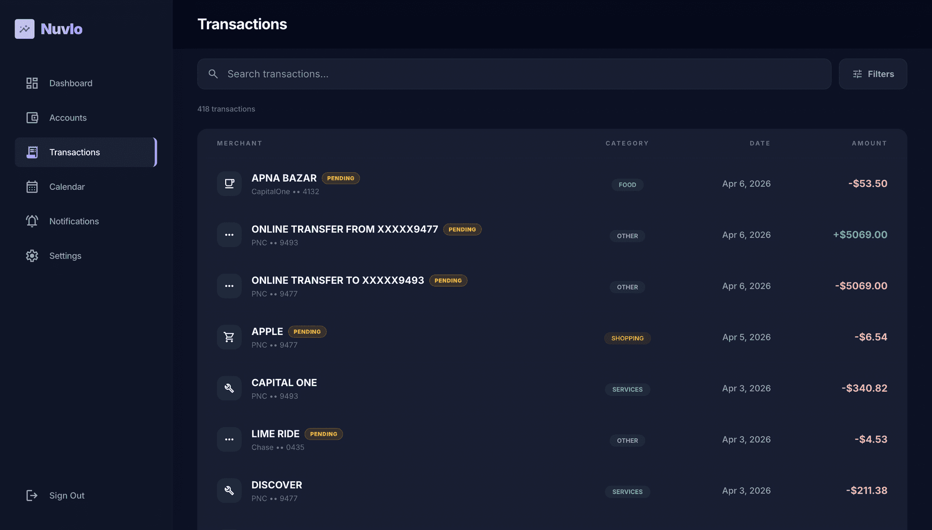 Nuvlo transactions page showing transactions with category tags