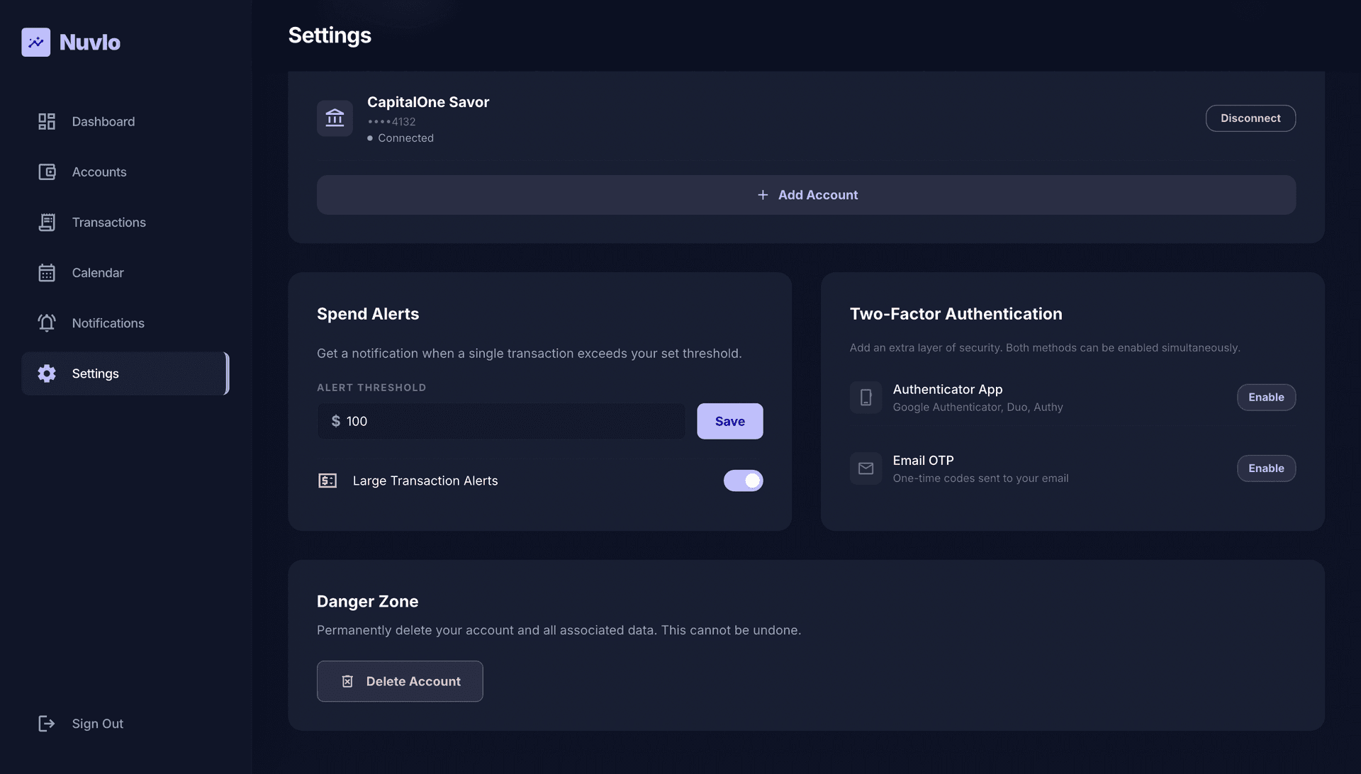 Nuvlo settings page showing two independently toggleable 2FA methods